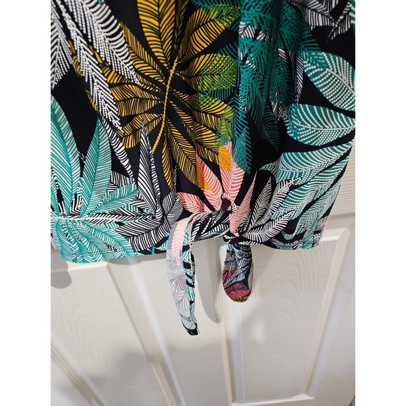 Ruby Rd Woman 2X Tropical Palm Leaf Print Tie Front Bell Sleeve Top Multicolor - Picture 3 of 4